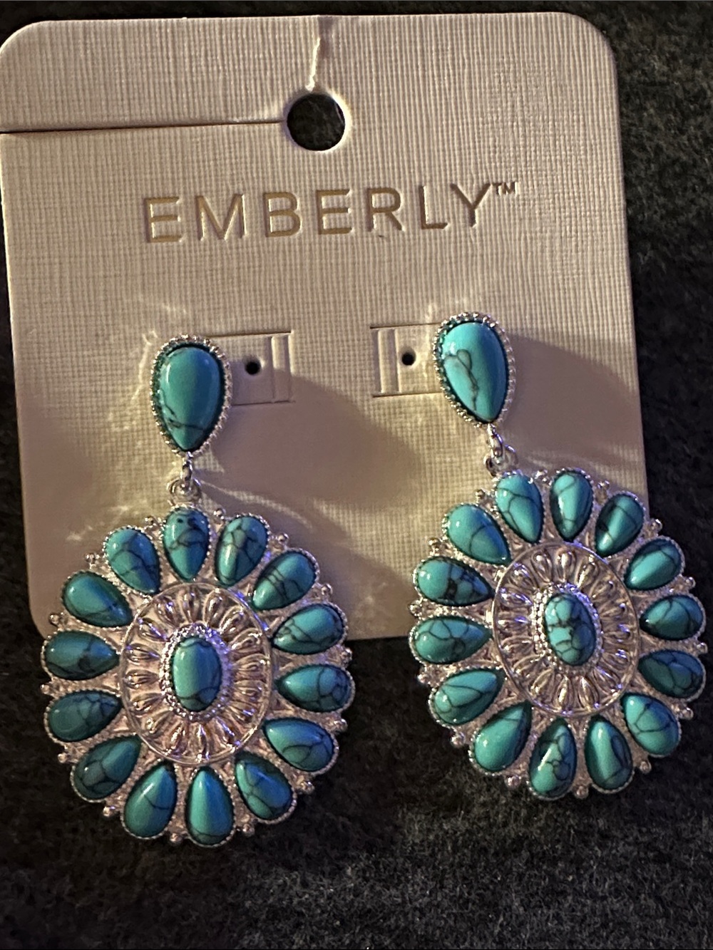 NWT Emberly Turquoise Teardrop Sunburst Earrings - Silver Tone